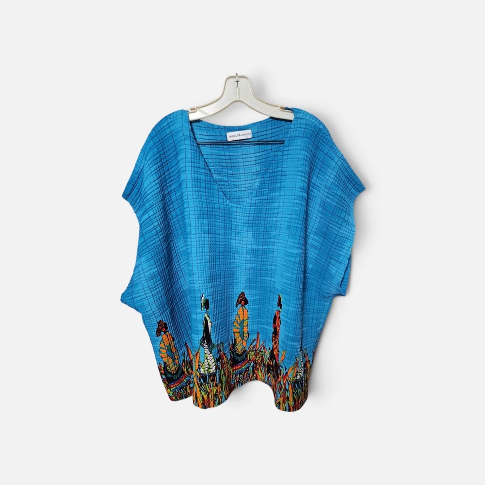 Anna Maxwell Blue Textured 2 Piece Set V-Neck Top Skirt Artistic Print 0538